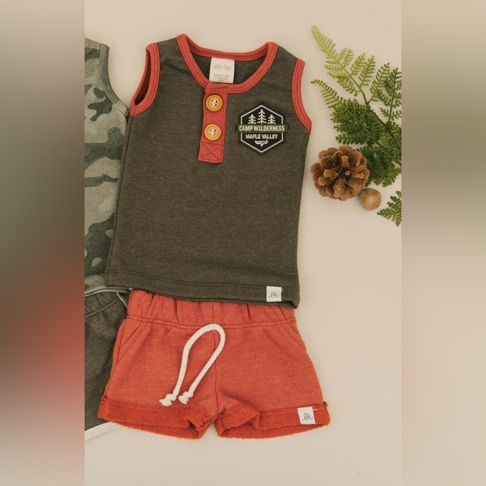 Lulu and Roo Camp Wilderness matching tank and retro shorts in size 12-18 months